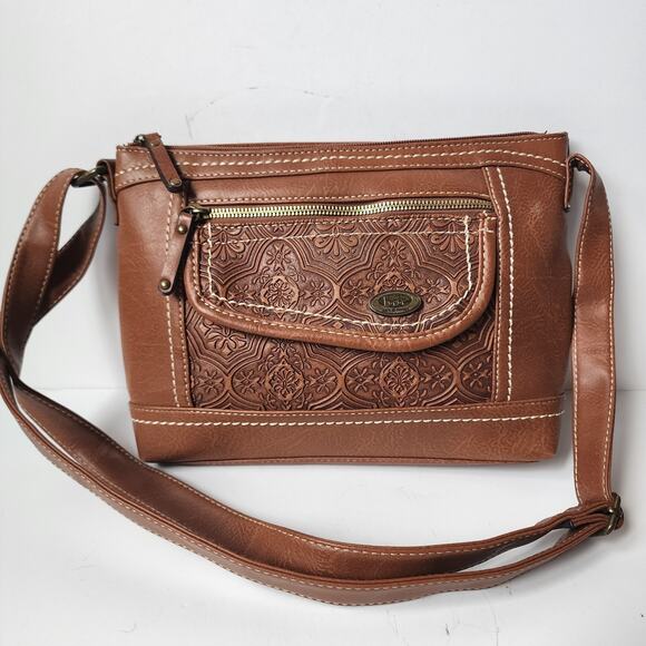 BOC Born Concept Purse Cross Body Boho Shoulder Bag Embossed Saddle Brown - Picture 1 of 16